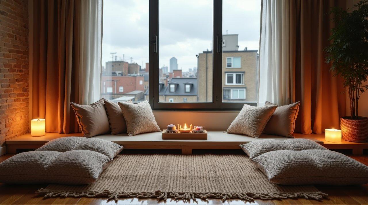 Espace de méditation paisible dans un coin urbain lumineux, idéal pour réduire le stress au quotidien.