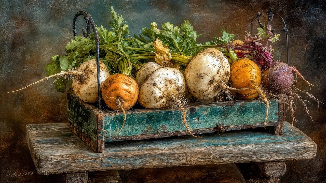 Légumes d'hiver colorés sur une table rustique, parfaits pour une alimentation saine et équilibrée en saison froide.