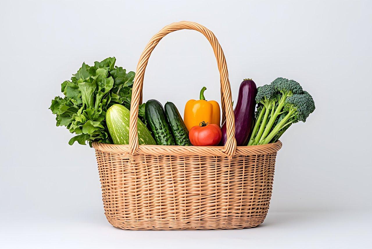 Panier de courses équilibré avec légumes bio locaux dans un cadre rural breton, idéal pour une alimentation saine.
