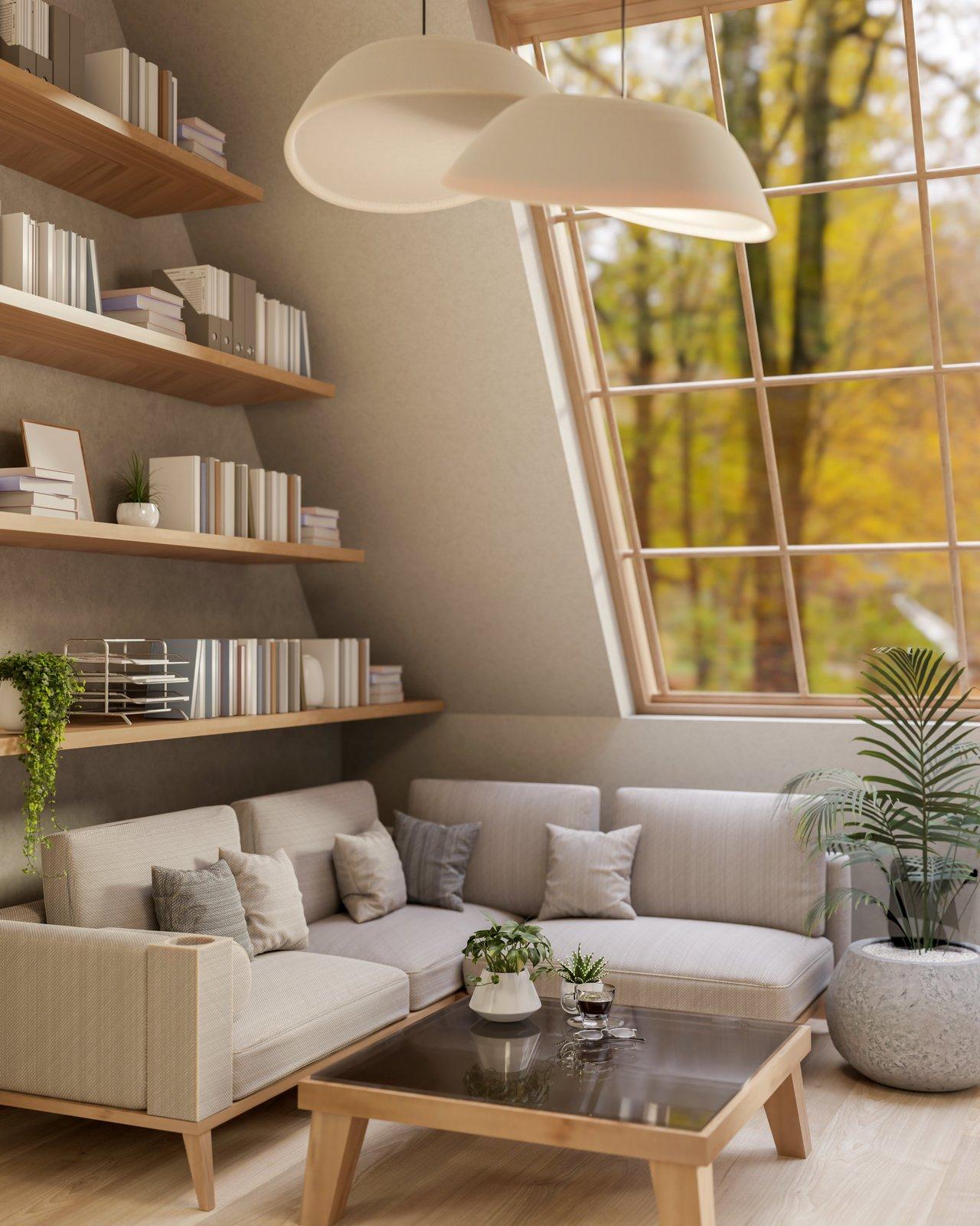 Salon lumineux avec grandes fenêtres et mobilier clair, optimisant la lumière naturelle pour un intérieur éco-responsable.