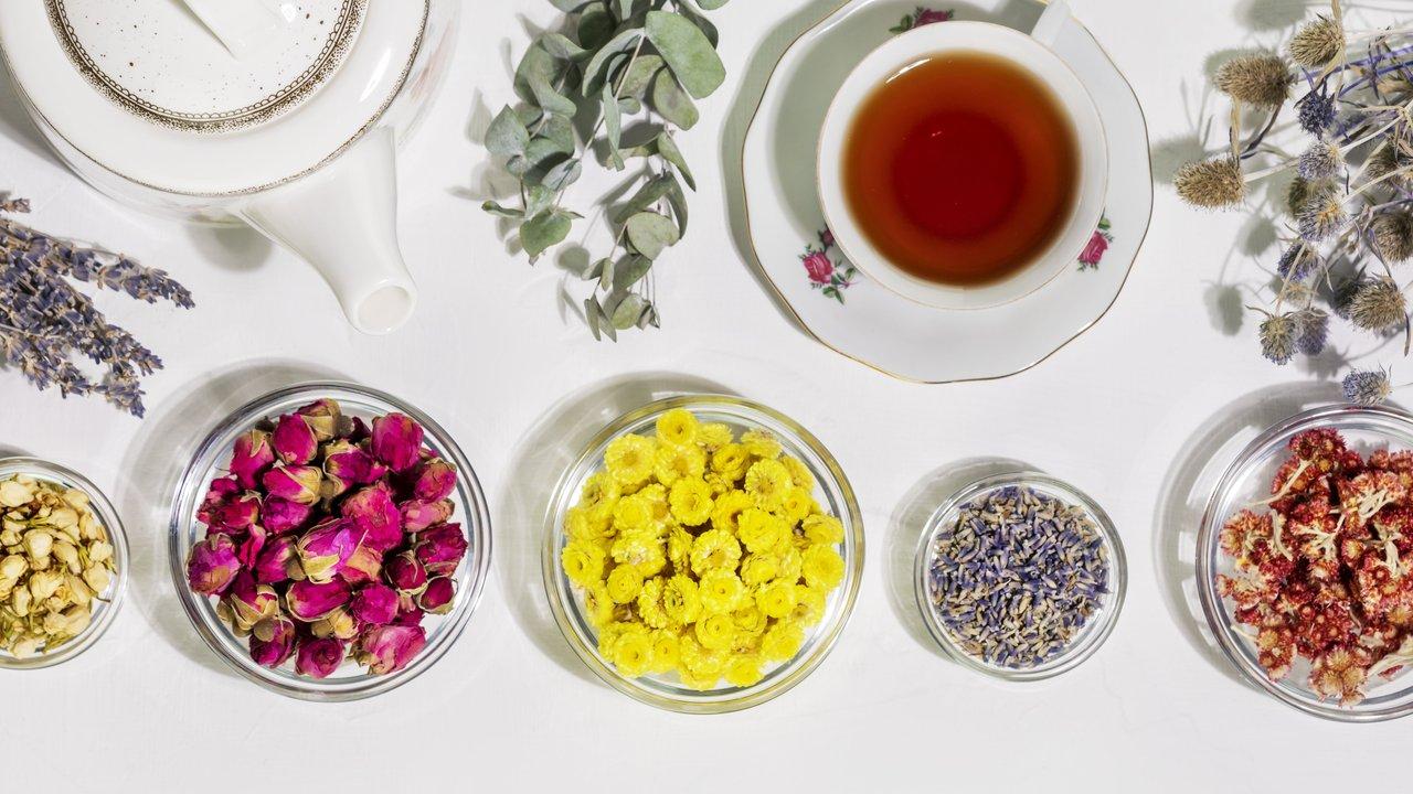 Variétés d'herbal tea, avec feuilles, fleurs, fruits et racines pour un bien-être naturel au quotidien.